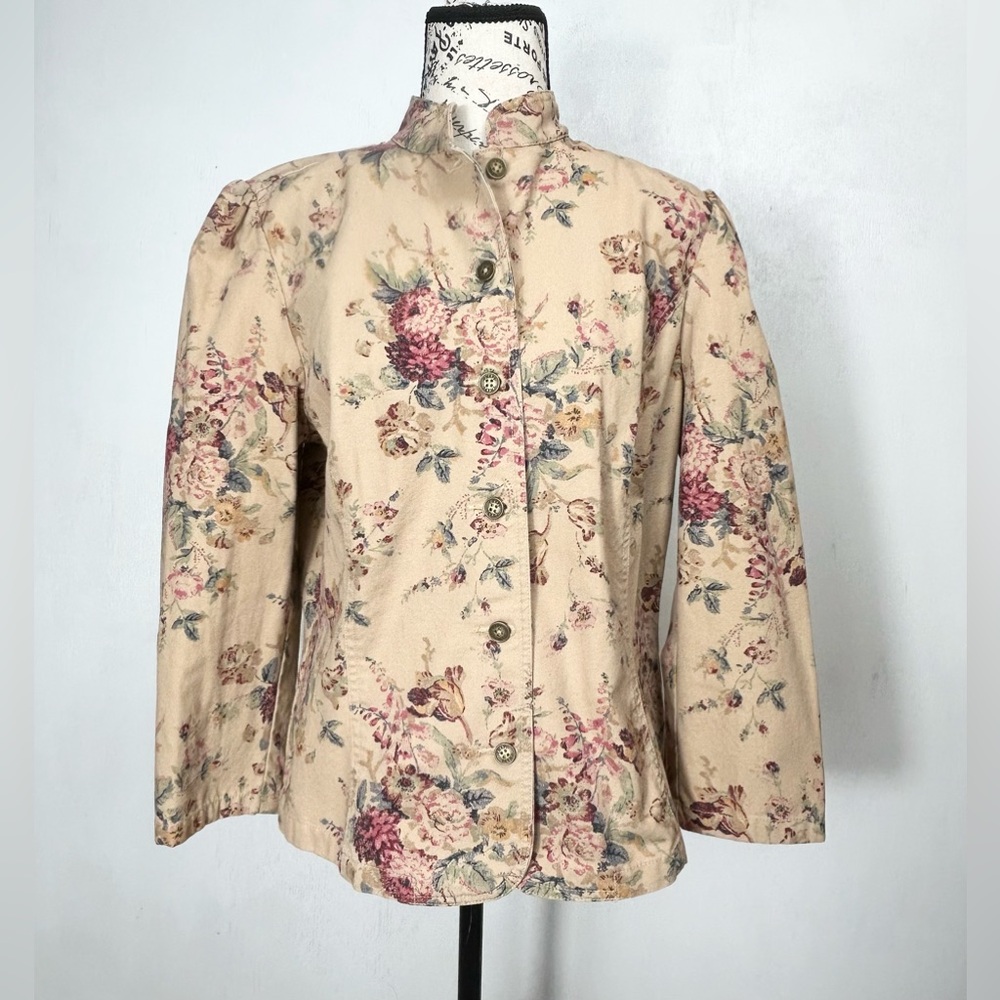 Chaps denim jacket button up tan and floral 3/4 sleeves